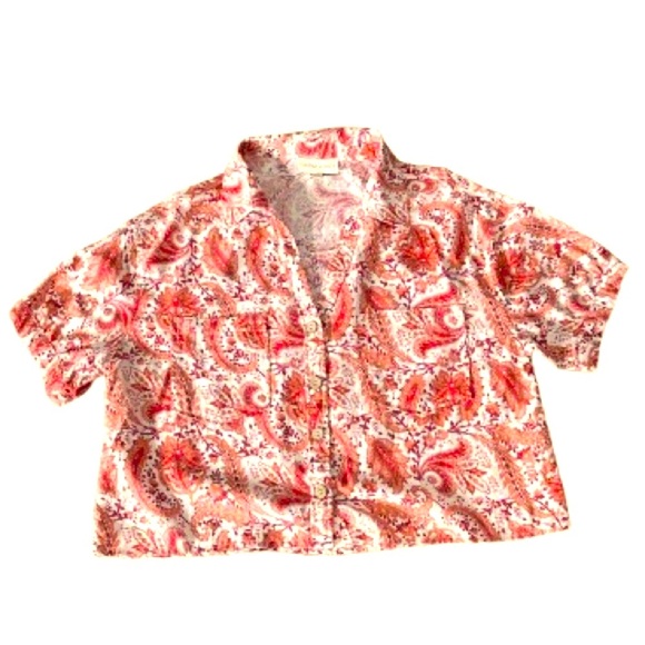CYNTHIA ROWLEY Orange Red Cropped Button Up Blouse Short Sleeved, Women’s Sz M - Picture 1 of 4